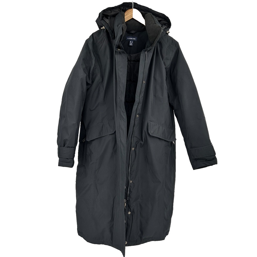 Lands End Goose Down Parka Coat Womens L Hooded Black Cinch Waist Winter Pockets